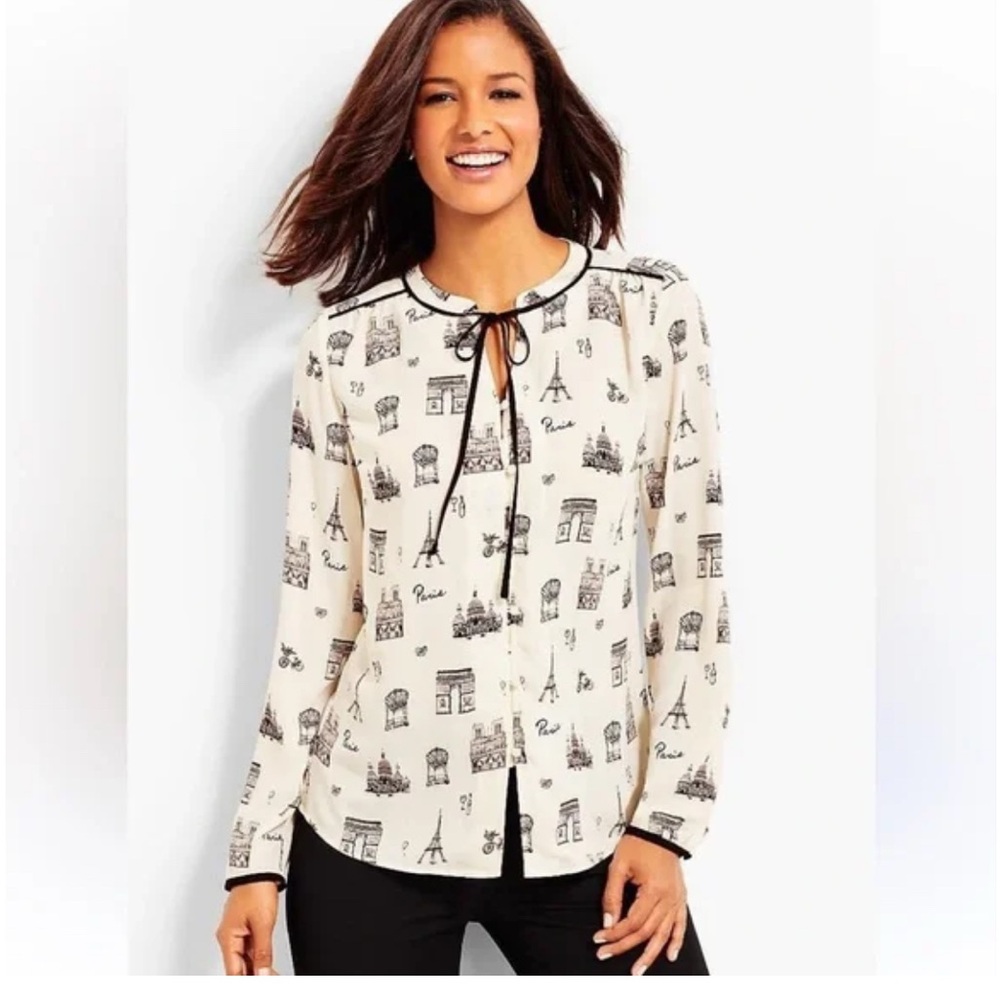 Talbot's Paris‎ Print Tie Front Blouse Ivory Black Sketch Print Size XS P